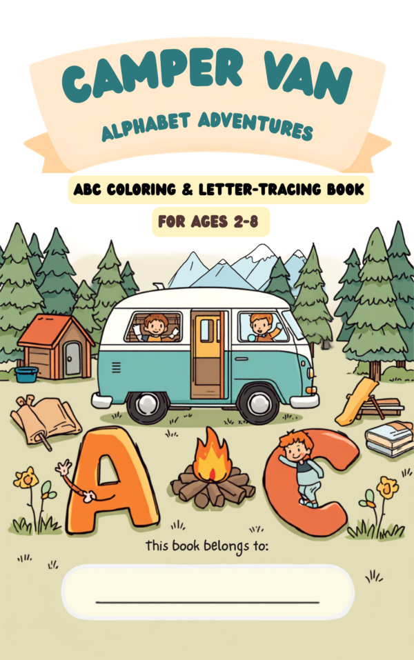 Colorful children’s alphabet activity book cover featuring a camper van and outdoor adventure theme, titled “Camper Van Alphabet Adventures,” for ages 2–8.